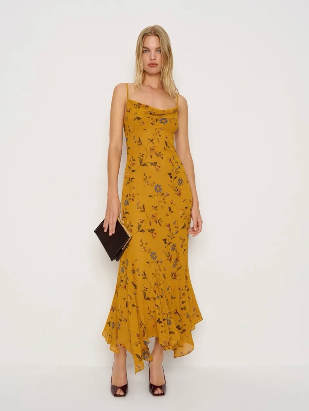 NEW Reformation Lluvia Cowl Neck Mustard Floral Dress, Size 8